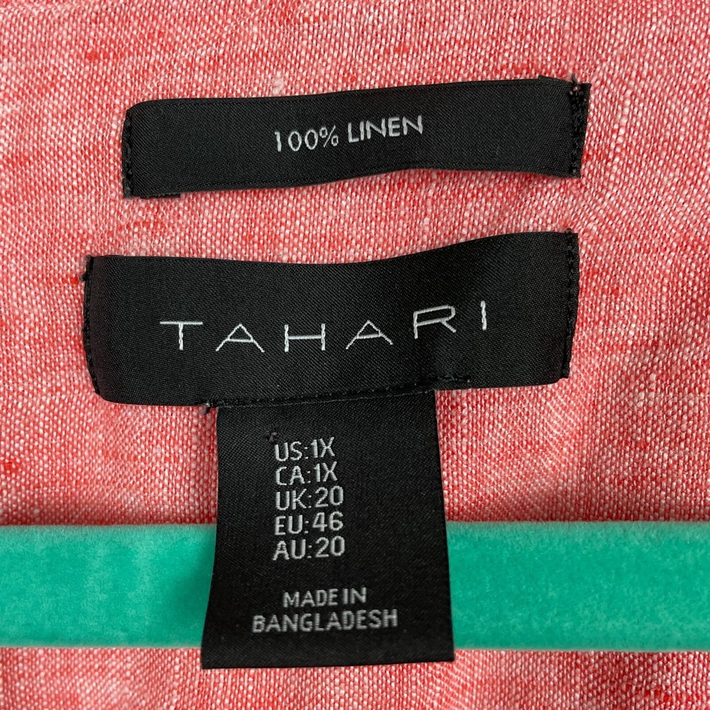 Tahari Linen Blouse Size 1X Plus Coral Faux Button Back Shirt Roll Tab Sleeves - Picture 2 of 10